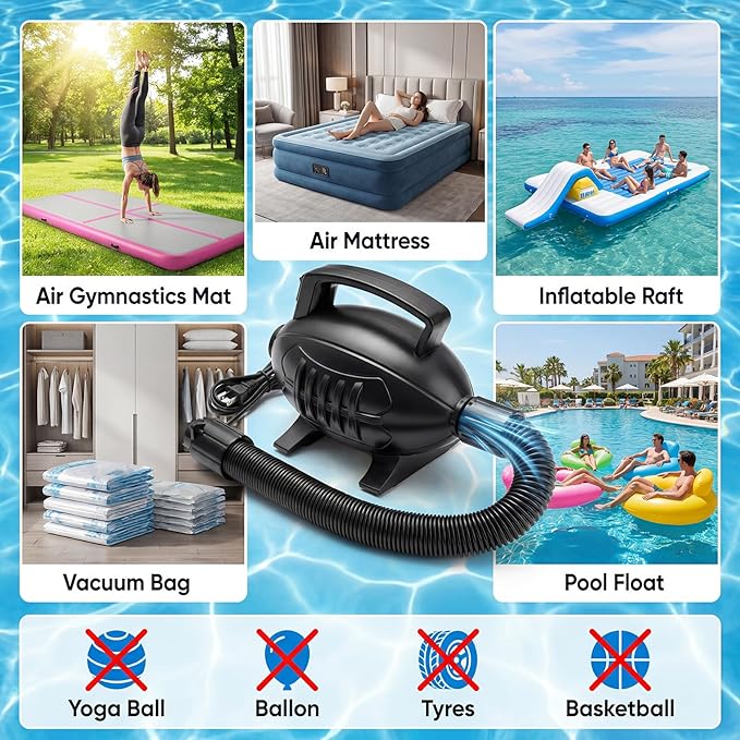 Electric Air Pump, 400W Quick-Fill Inflator/Deflator, 110–120V AC with 4 Nozzles, High-Pressure Fast Inflate for Air Mattress, Pool Floats, Rafts & Gymnastics Air Track, Overheat Protection
