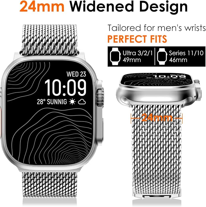 WINGLE Milanese Loop for Apple Watch Band Ultra 3/2/1 Band Ultra 49mm Series 11 10 46mm 45mm 44mm SE 3/2/1 Series 9 8 7 6 5 4 3 Men Women,Parachute-Style Buckle Stainless Steel Mesh Metal iWatch Bands