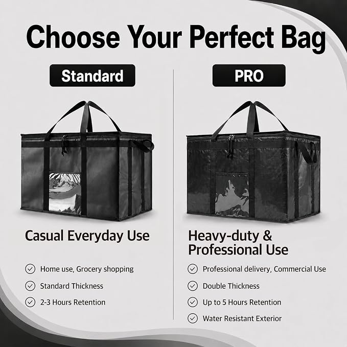 NZ home Insulated Bags for Food Delivery (3XL PRO) Grocery Shopping Cooler Bag, Pizza Delivery, Hot & Cold Catering Tote, Reusable, Foldable & Heavy Duty (Gray)
