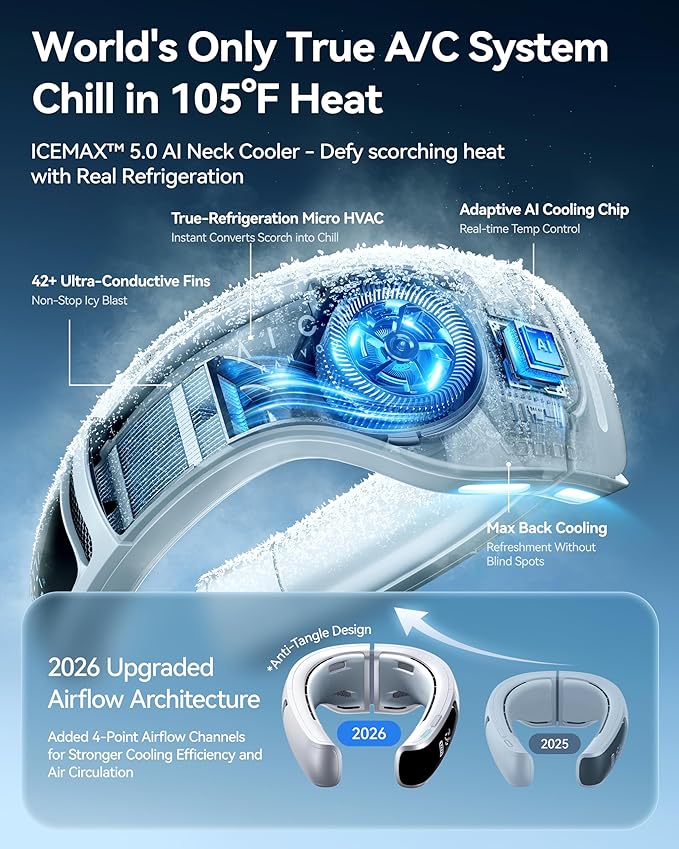 RANVOO AICE LITE MAX 2026 Real AC Cold Blast [No.1 Coolest & Most Durable] AI Neck Air Conditioner, Best Immersive Neck Cooler, 6000 mAh Rechargeable Neck Fan Blow Cold Air, Summer Gifts for Mom White