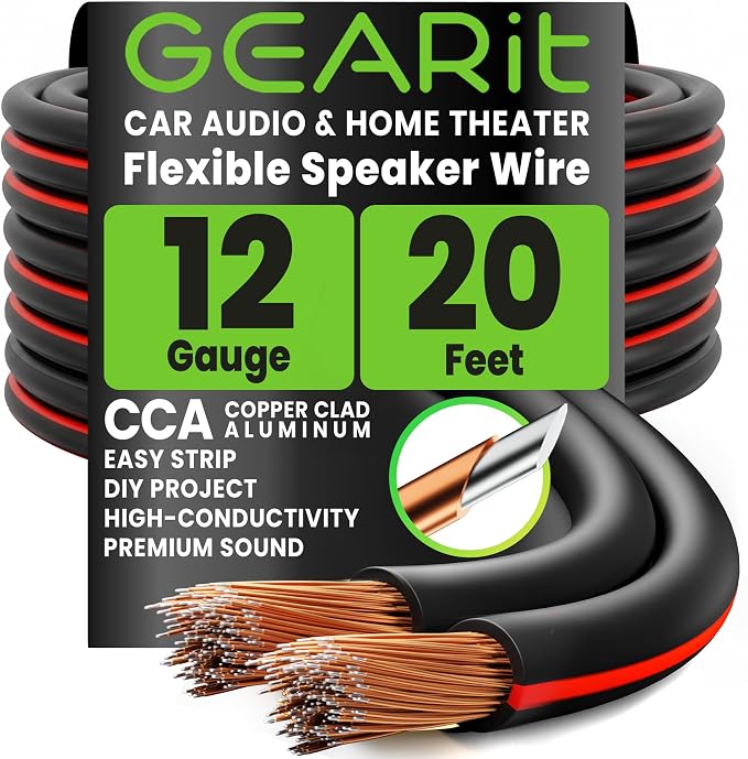 GEARit 12 Gauge Speaker Wire Black 20 ft,Speaker Cable with Foot Markers & Polarity Markings,12 Gauge Wire for Car Audio & Home Theater Speakers,Audio Cable for DIY Installations,CCA