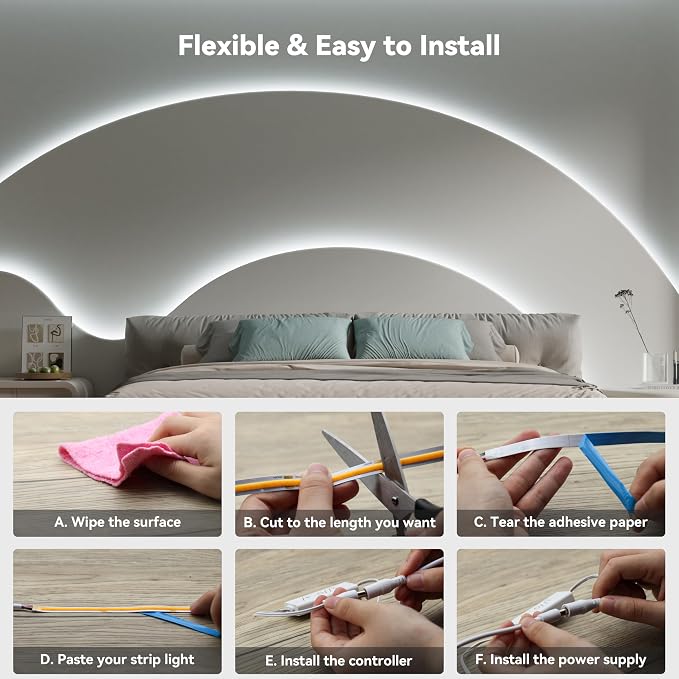 PAUTIX COB LED Strip Light,Strip Lights with RF Remote,UL Listed Daylight White Natural White 6000K 16.4ft Super Bright Dimmable 24V Flexible LED Tape Lights,Cabinets Kitchen Mirror Office Lighting