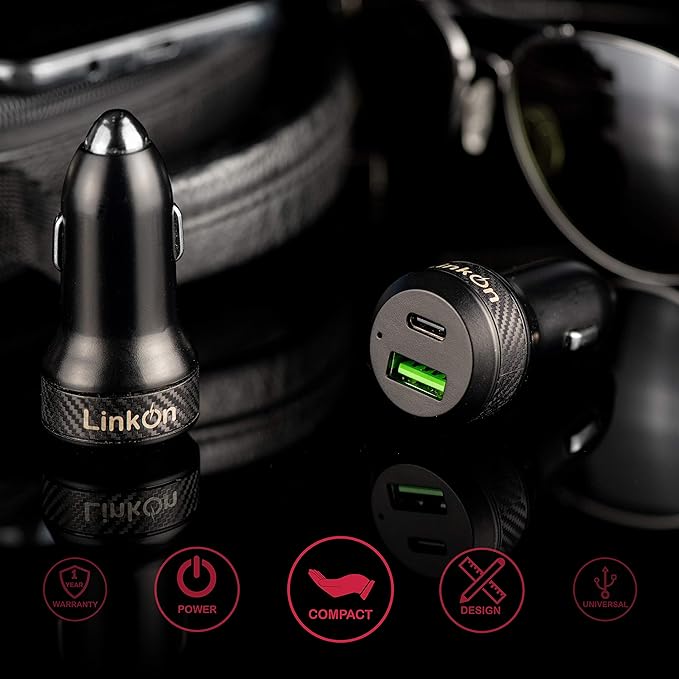LinkOn 45W USB C & USB A Car Charger PD 3.0 (27W) + QC 3.0 (18W) Dual Port – Compact Fast Car Charger Compatible with iPhone 15/16, iPad, Galaxy S23/S24, Pixel, Tablets