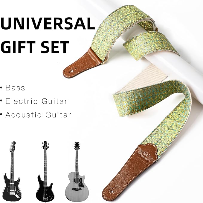 Guitar Strap, Electric& Acoustic Bass Guitar Straps,Embroidered Filament with Head Cowhide Leather Strap, with Free Strap Button,2 Guitar Strap Locks,4Guitar Pick (Yellow Flower)