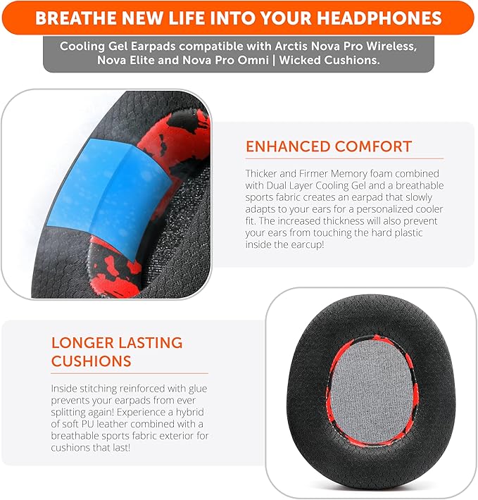 WC Freeze Nova Pro Wireless - Cooling Gel Earpads for Arctis Nova Pro Wireless, Nova Elite & Nova Pro Omni (Doesn’t Fit Other Models), by Wicked Cushions, Extra Thick & Comfortable | Red Camo