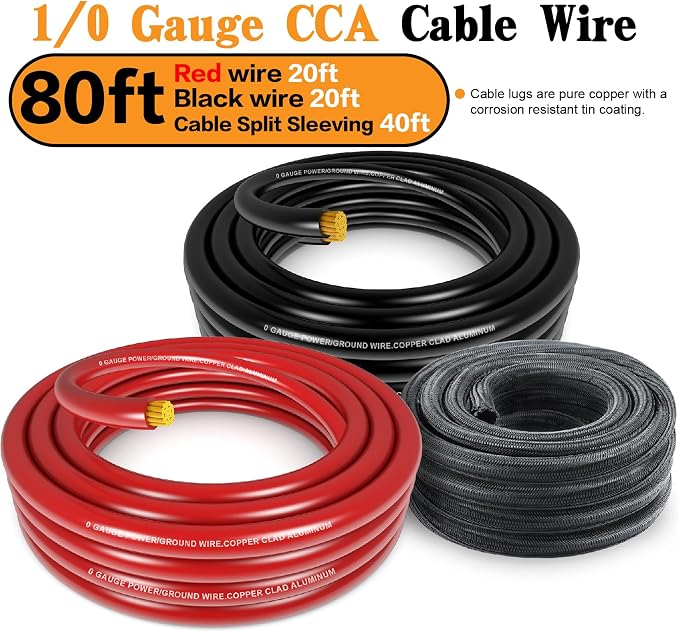 1/0 Gauge Wire CCA Power/Ground Cable 40FT Black/Red with lugs,250A ANL Fuse,1/2 inch Cable Split Sleeving,Self Adhesive Mounts Zip Ties kit