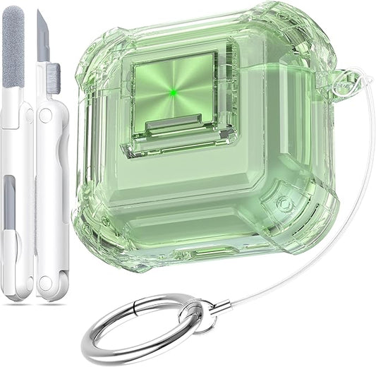 RFUNGUANGO AirPods 4 Case Clear with Lock Cleaning Kit, Lanyard & Keychain, Support Wireless Charging, Compatible with Apple AirPods 4 Case (2024) for Women Girl, Transparent Green