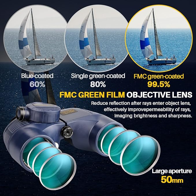10x50 Marine Binoculars with Compass for Adults - Waterproof BAK4 Prism FMC Lens Binoculars with Rangefinder Compass and Shoulder Harness Strap for Navigation Hunting Bird Watching
