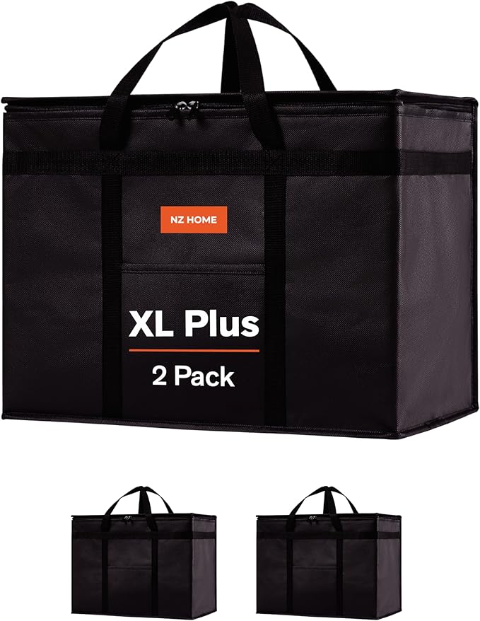 NZ home Insulated Bags for Food Delivery (XL Plus) Grocery Shopping Cooler Bag, Pizza Delivery, Hot & Cold Catering Tote, Reusable, Foldable & Heavy Duty (2 Pack, Black)