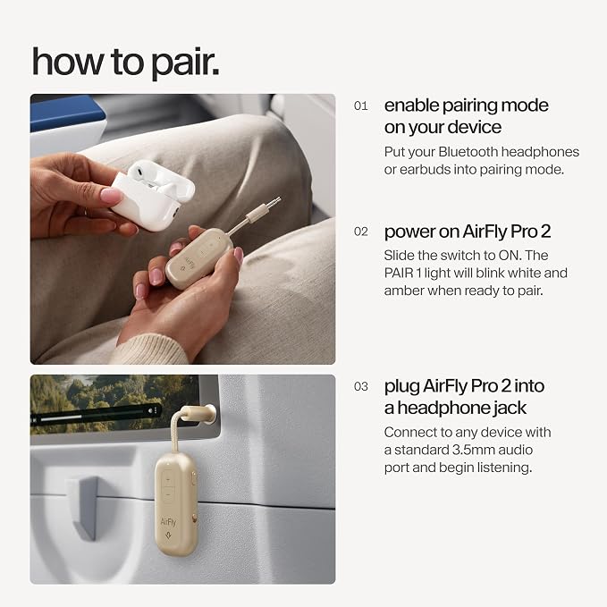 Twelve South AirFly Pro | Bluetooth Wireless Transmitter/Receiver Adapter for 2 Headphones, Audio Sharing, Compatible with 3.5mm aux Jack for Airplanes, TV, Gym, Stereo, and Travel, Gold