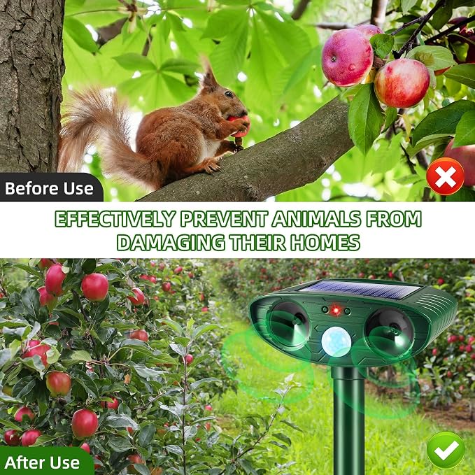 4Pack Solar Ultrasonic Animal Repellent Outdoor Deer Repellent Devices Motion Detection for Squirrel Raccoon Rabbit Dog Cat Deterrent Keep Rodent Chipmunk Away from Yard Lawn