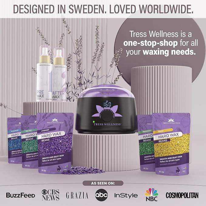 Tress Wellness Award Winning Waxing Kit for Sensitive Skin – Safe for Face & Skin, Easy to Use – At-Home Kit for Face, Bikini, Brazilian & Full Body - Digital Display, Dusty Lilac
