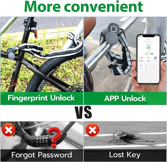 Electric Smart Bike Chain Lock - Heavy Duty Anti-Theft, Fingerprint & App Unlock, Escooter Accessories With Waterproof Bag for Bicycle, Scooter, Motorcycle, Gates C61