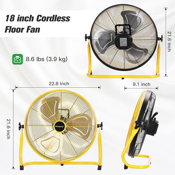 blessny 18'' Portable Rechargeable Floor Fan for Home Patio Camping Gym RV Greenhouse, Max 60 Hours Long Running Time