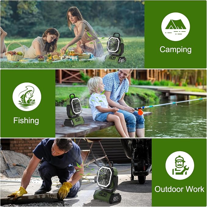 Honesorn Portable Rechargeable Fan 20000mAh, Camping Fan with LED Light & Remote, USB C Cordless Battery Powered, 4 Speeds Timer Hanging Hook for Travel Tent Outdoor Essentials - Green