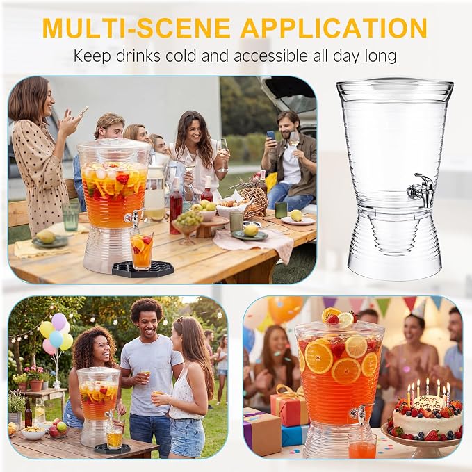 Nuenen 2 Sets of 2.6 Gallon Beverage Dispensers for Parties, Clear Plastic Drink Juice Dispensers with Spigot and Drip Tray Beverage Water Fountains for Wedding Birthday Party Cold Hot Drinks