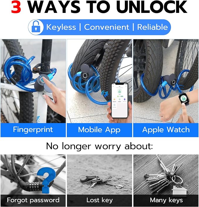 Anweller Fingerprint Cable Lock, 4.9FT Long Heavy Duty Anti Theft Bike Lock, Weatherproof Keyless Biometric Bluetooth App Smart Lock for Bicycle Scooter Lawnmower Skateboard Snowboard Ski - Dark Blue