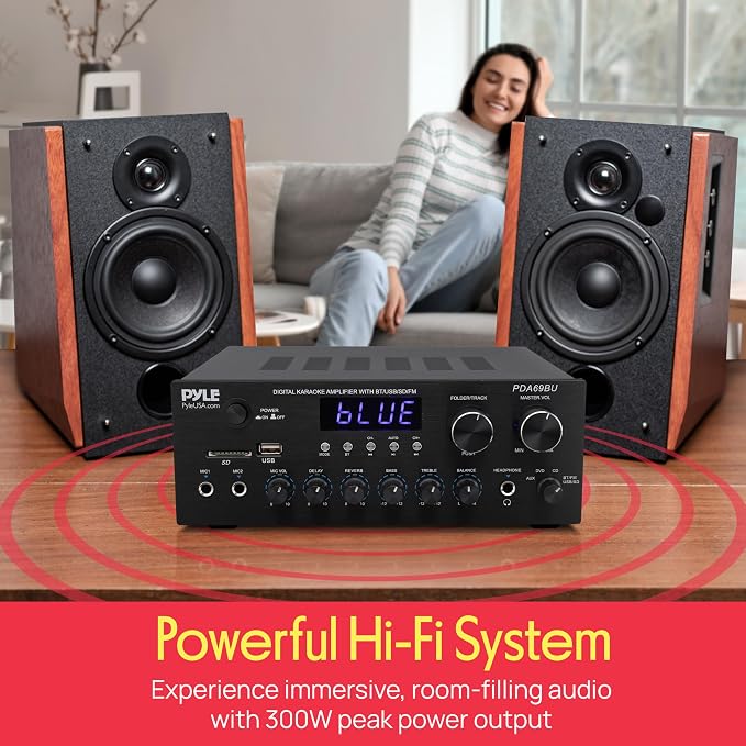 Pyle Home Karaoke Amplifier Receiver with Bluetooth Streaming, 200 Watt Peak, Dual Mic Inputs with Delay and Reverb, 2.0 Channel Hi Fi Sound System, USB-A Input w MP3 Player, RCA/Aux Inputs - PDA69BU