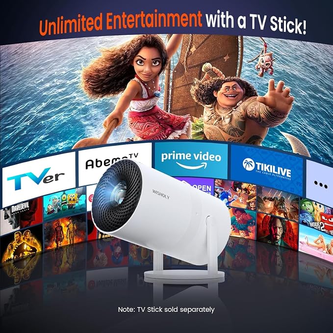 WISHOLY Mini Projector with WiFi and Bluetooth, Portable Movie Projector with 180° Rotatable, 1080P HD Supported, Auto Vertical Keystone, Compatible with Smartphone, TV Stick, Laptop, HDMI, USB