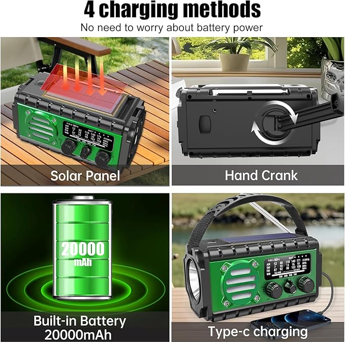 20000mah Hand Crank Emergency Radio,SW/NOAA/AM/FM Weather Radio, Solar Powered Hand Crank Chager with Bige Batery Powered,Portable,Cellphone Charge,SOS,Flashlight for Emergency (XSY-350-Army Green)