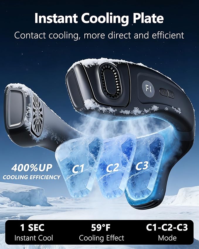 Neck Air Conditioner Fan Instant Cooling with Cooling Plate, Bladeless, 8000mAh Operated Wearable Rechargeable Neck Fan, 3 Cooling Level&3 Speeds Level for Hot Flashes, Travel, Gym
