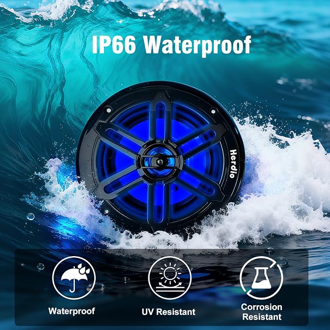 Herdio 8" 450W Marine Speakers - IP66 Waterproof Coaxial Audio, with Blue LED Light for Boats, ATVs, UTVs with UV Resistant Black Grille (A Pair)
