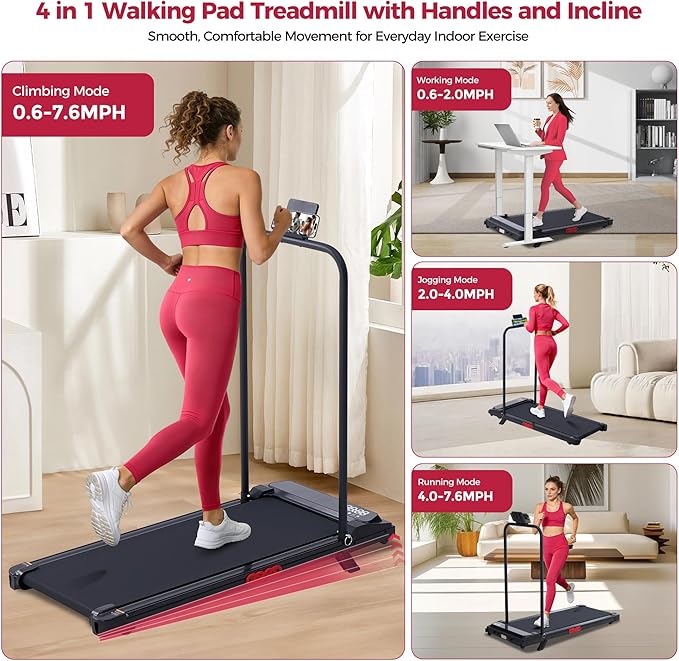 Walking Pad with Incline and Handle Bar, 3.0HP Electric Protable Mini Walking Pad Treadmills for Home Small Space, Small Treadmill for Exercising, 0.6-7.6MPH, 350LB Capacity