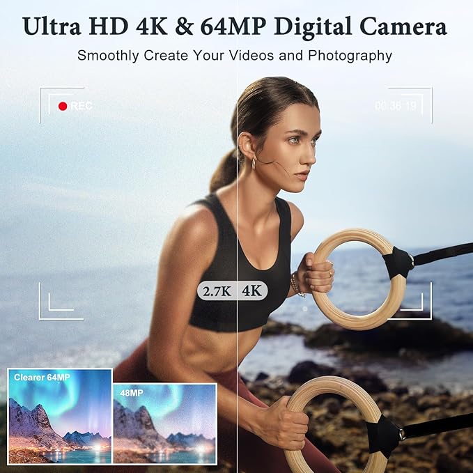 4K Digital Camera - 64MP Front & Rear with Autofocus & Anti-Shake, 3'' Selfie Vlogging Camera, Ultra Bright Flash, 16X Zoom (White)