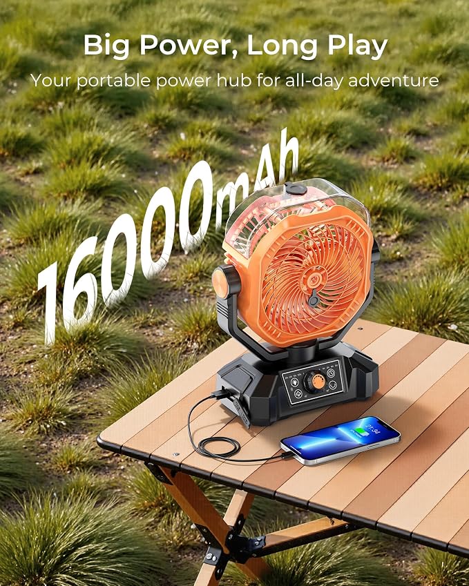 Portable Camping Fan, Misting Desk Fan with Remote, 360ML Water Tank, 16000mAh, 5 Speeds, Timer, 18-70 Working Hours, Battery Operated Fan for RV Camp Hurricane Emergency Orange