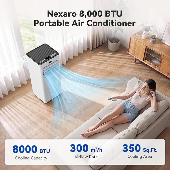 Quiet Portable Air Conditioner 8,000 BTU, Cools Rooms up to 350 Sq. Ft, Dehumidifier & Fan Mode, Sleep Mode, 24-Hour Timer, 26 ft Remote Control, Window Kit 1-piece(White)