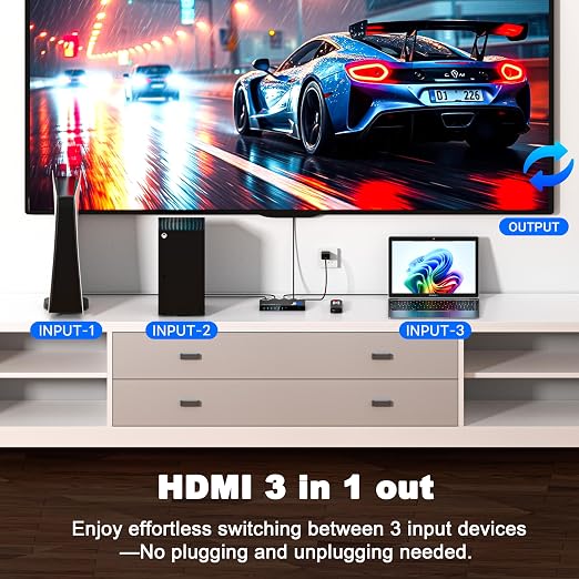 HDMI Switch 3 in 1 Out, 4K@60Hz Switcher Splitter, Auto-Switching HDMI 2.0 Switcher with Remote, HDCP 2.2/HDR/3D, Works with PS5/PS4/Switch/Xbox/PC