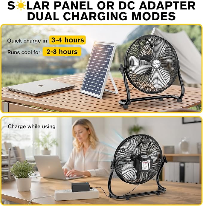 14" Solar Powered Fan with 20W Solar Panel & Rechargeable Battery, Portable, Quiet 12 Speed, 360° Tilt Head for Outside, Camping, Travel, Greenhouse, Chicken Coop, Patio, gazebo (Black)
