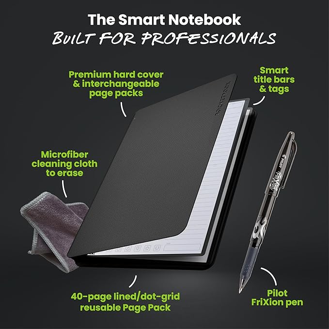 Rocketbook Pro Smart Reusable Notebook, Lined & Dotted Interchangeable Pages, For Work and Business Meetings, Executive 7x9, Black