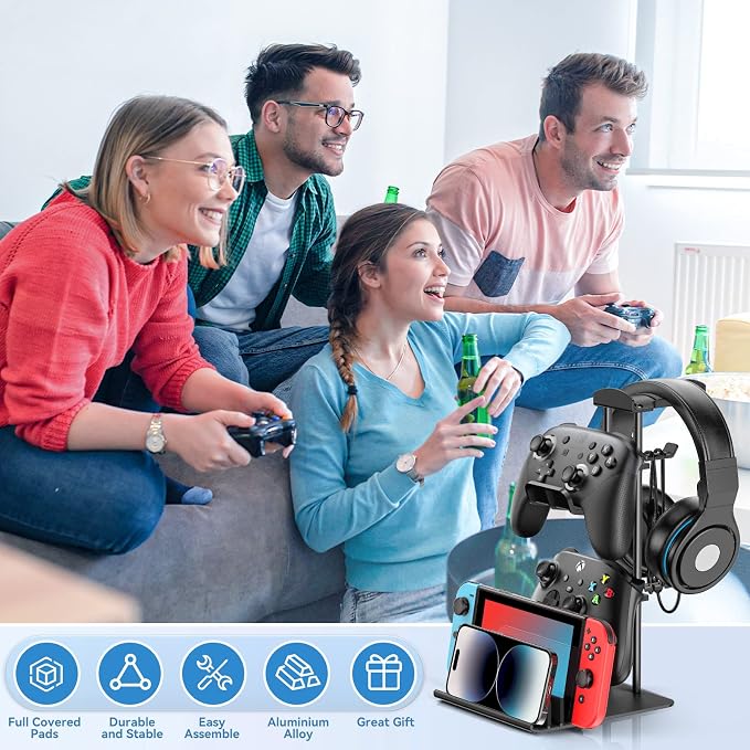 KDD Headphone Stand & Controller Holder for Desk & RGB Headphone Stand with USB Charger - Headphone Holder with 2 USB Charging Ports and 3 AC Outlets