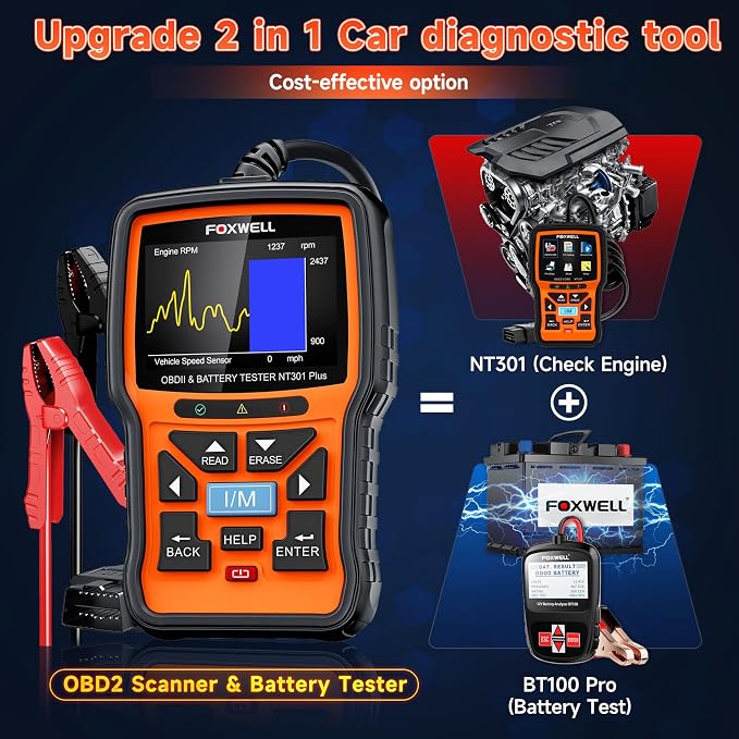 FOXWELL NT301 Plus 2 IN1 OBD2 Scanner Battery Tester + NT301 Code Reader Scan Tool Live Data Mechanic OBDII DiagnosticTool for Check Engine Light