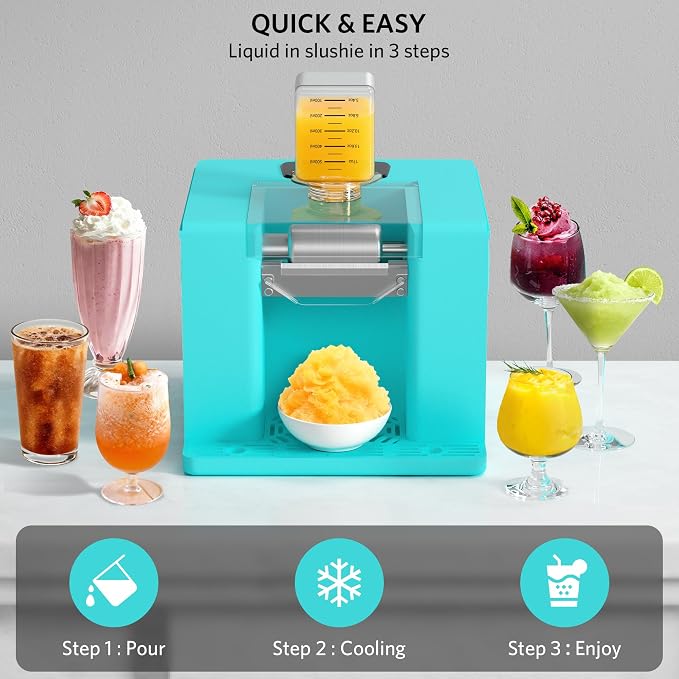 Shaved Ice Machine with Compressor | 60s Fast Fluffy Slushie & Snow Cone Maker | No Pre-Freezing | Sugar-Free Friendly | Self-Cleaning | 16oz Frozen Drink Maker for Home, Party & RV