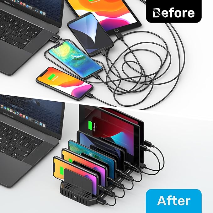 【10PCS】 Unitek Multi Charging Station, 10-Port USB Charger for Multiple Device with SmartIC Tech and Adjustable Dividers, Organizer Stand Compatible with iPad, Tablet, Kindle, iPhone - 10PCS, Black
