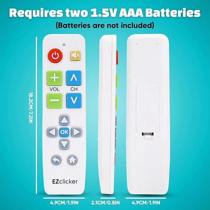 EZclicker Big Button Universal TV Remote (White) Simple Easy to Use, Great for Seniors, Works with Major TV Brands (2xAAA Batteries Not Included)