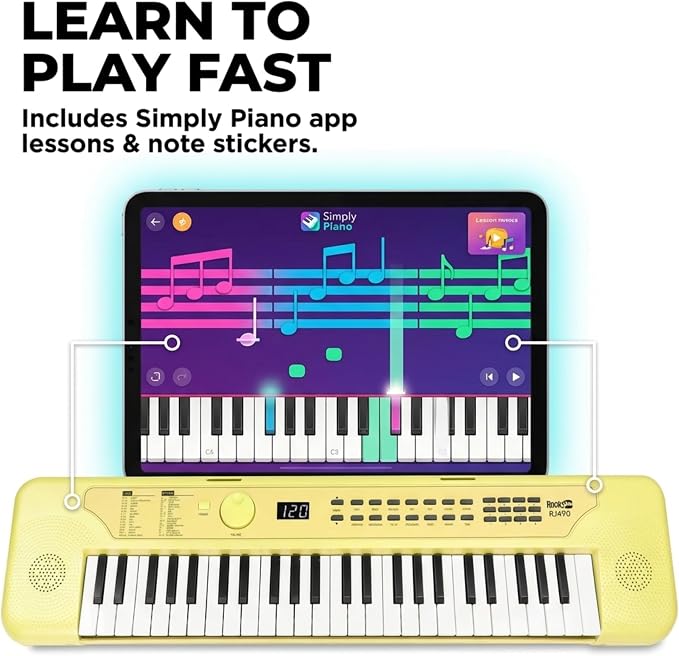 RockJam 49 Key Keyboard Piano, Portable Electronic Music Keyboard with Speakers, USB-C Power or Battery Operation, Headphone Input, 200 Tones, 200 Rhythms, Note Stickers & Lessons