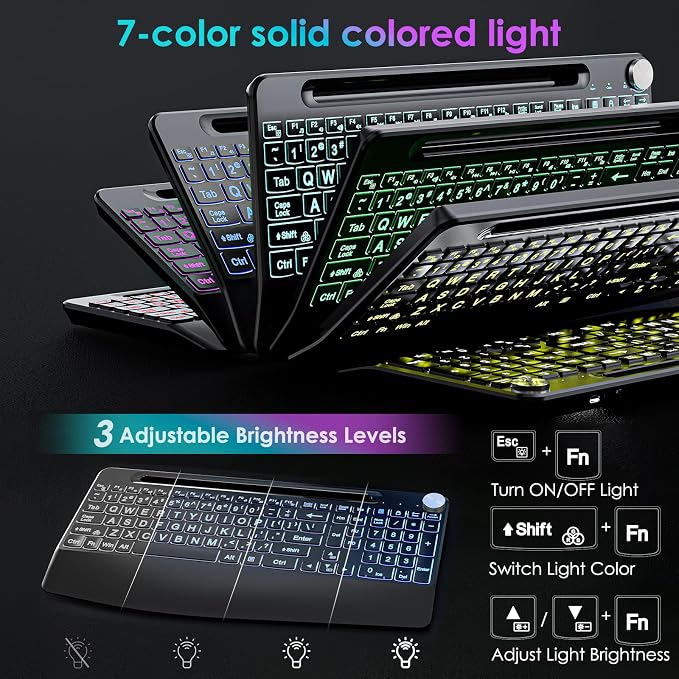 Lighted up Full Size 2.4G Wireless Keyboard and Mouse Combo, Rechargeable,with 7 Colored Backlits &Phone Holder &Wrist Rest &jiggler Mouse,for Mac Windows Laptop PC (Keyboard and Mouse Set)