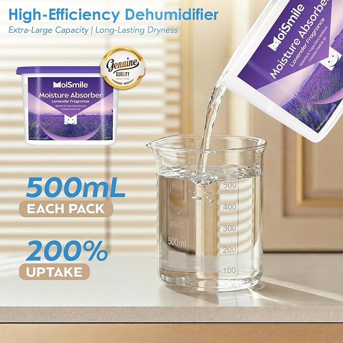 Lavender Moisture Absorbers, Fast Acting Humidity Absorber & Odor Eliminator, 10.5 oz High Capacity Dehumidifier for Closet, Bathroom, Basement, Car & RV, 6 Pack