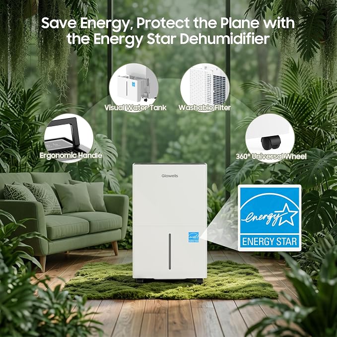 Glowells 4500 Sq.Ft Energy Star Dehumidifier for Basement with Drain Hose, 52 Pints Dehumidifiers for Home, Large Room, RV, Three Modes, Intelligent Humidistat, Quiet Smart Compressor, Auto Defrost