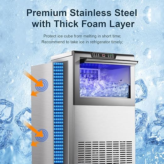 Amzgachfktch Commercial Ice Maker 150lbs/24H Under Counter Ice Maker, 50lbs Ice Storage, Ice Maker Commercial for Home Bar Restaurant, Blue Light, Self-Cleaning, LED Digital Display