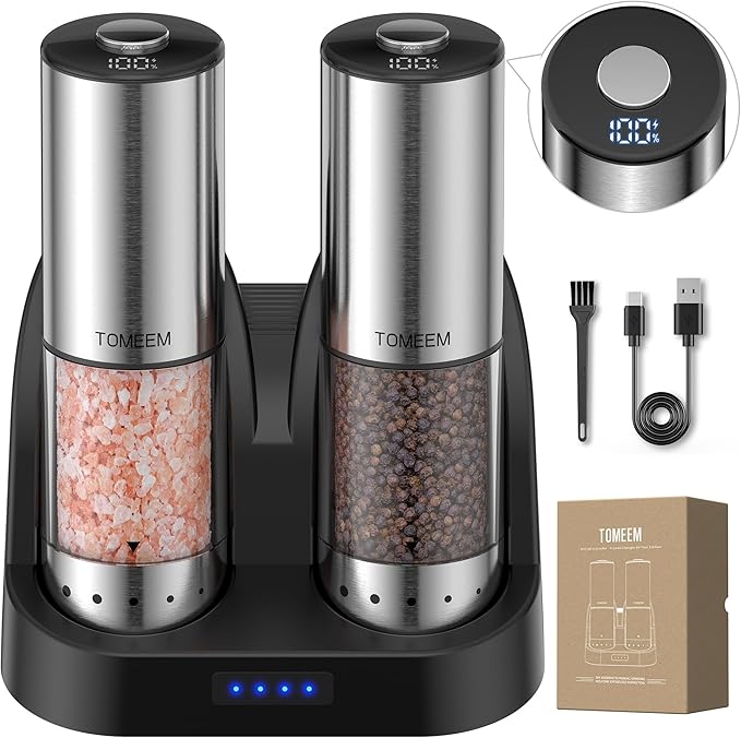 TOMEEM Rechargeable Electric Salt and Pepper Grinder Set, 115ml Large Capacity Stainless Steel Automatic Pepper Mill with Storage Base, LED Display and Light