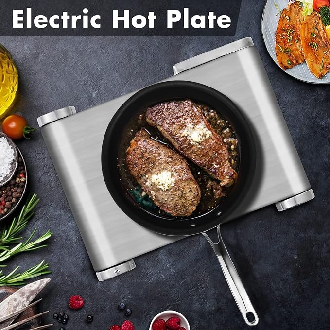 Hot Plate, CUSIMAX Electric Burner 1500W Hot Plate Cooking Single Burner Electric Stove with Heat-up in Seconds Adjustable Temperature Control Silver Stainless Steel Body, Your Kitchen Assistant