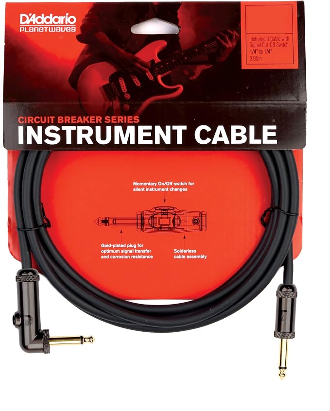 D'Addario Guitar Cable - Guitar Lead - Gold Plated - 1/4 Inch Male to 1/4 Inch Male - Circuit Breaker Cable - 10 Feet/3.05 Meters - Straight End/Right Angle - 1 Pack