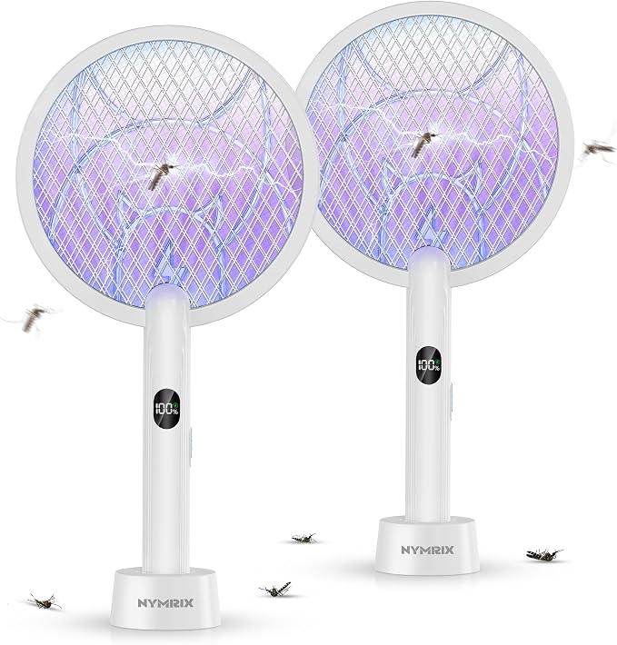 Nymrix Electric Fly Swatter Racket,2 in 1 Mosquito Bug Zapper 4100V Max Handheld Mosquito Killer with 1800 mAh Rechargeable Battery, Purple Light and 3-Layer Safety Mesh for Indoor Grey Two-Pack