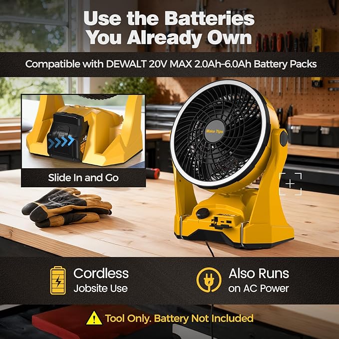 Fan for DeWalt 20V Max Battery, Portable Jobsite Camping Fan with Infinite Speed Control, 3-Level Ring Light, USB-C and USB Charging, Hook, Handle, 180° Tilt for Outdoor Use, Battery Not Included