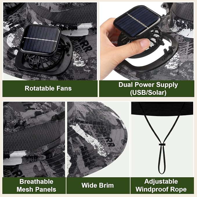 Syhood Solar Powered Fan Hat Neck Gaiter Arm Sleeves Sun Bucket Hat with Fan Cooling Wide Brim Hats for Fishing Hiking