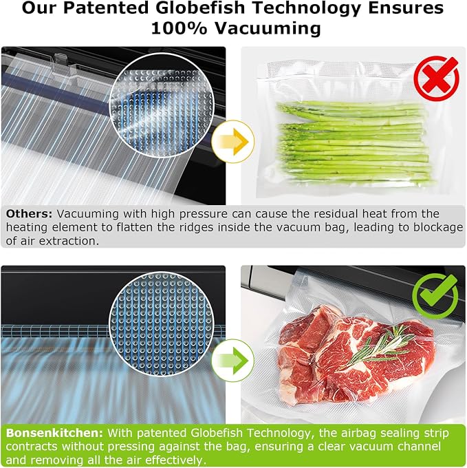 Bonsenkitchen Vacuum Sealer Machine, Globefish Technology for Perfect Vacuum Sealing, Powerful Low-Noise Food Vacuum Sealer with Easy Handle Design, Built-in Cutter & Bag Storage, 1 Bag Roll & 10 Bags